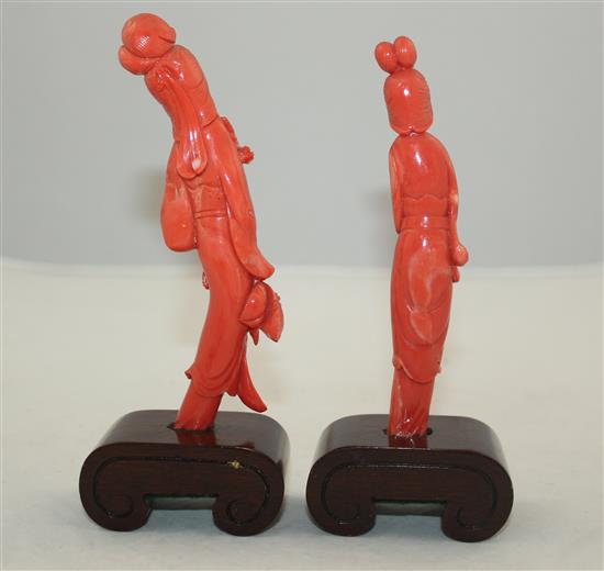 Two Chinese tall coral figures of ladies, 15.5cm & 16.2cm incl. wood stands